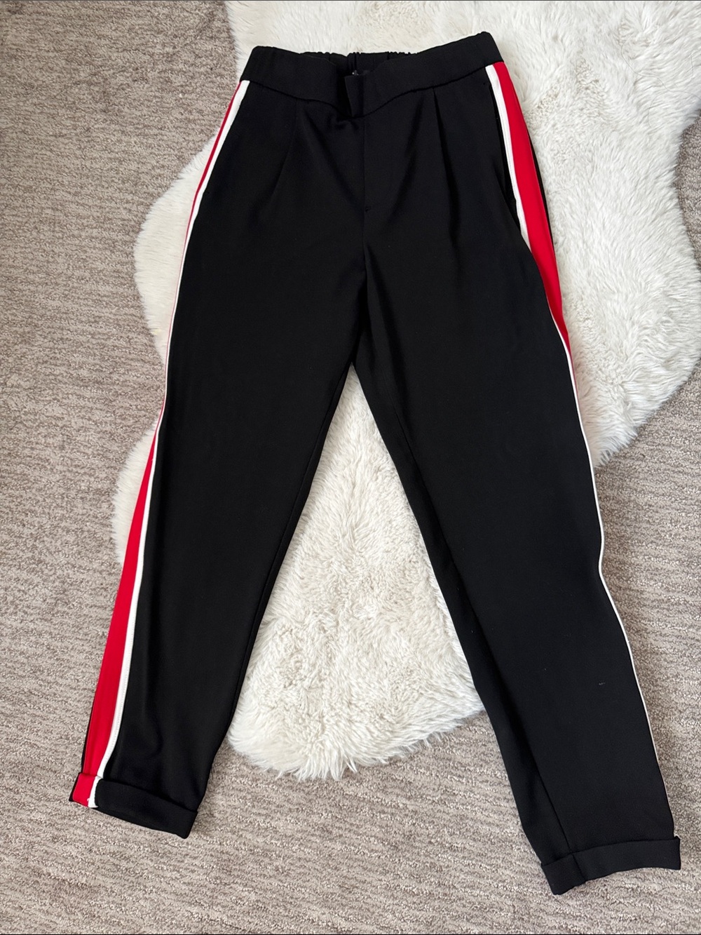 Zara Black Trousers with Red and White Side Stripes